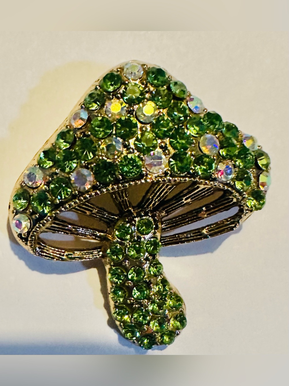 Green and Iridescent Crystal Mushroom Brooch Gold Tone